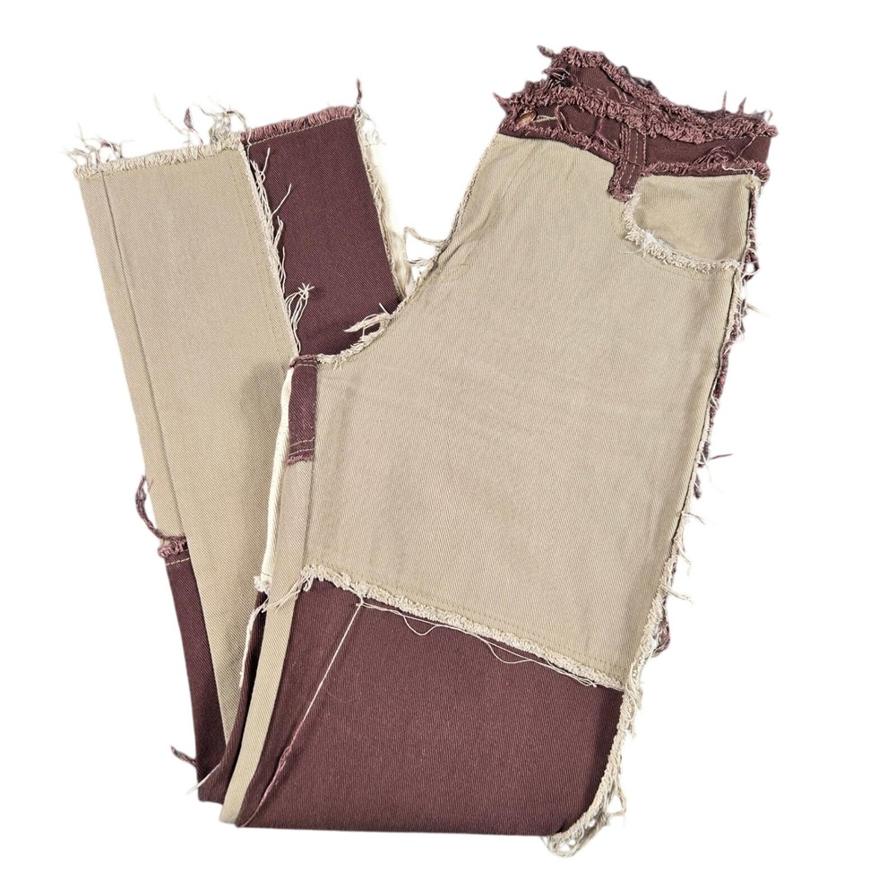 Jaded London Patchwork Jeans Womens W26 Brown Tan Frayed Raw Edge Straight Leg